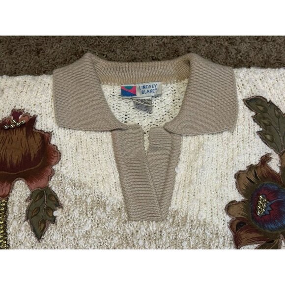 Vintage Womens 80s Polo Sweater Applique Floral Grandma Retro Artsy Boho READ L - Picture 10 of 12